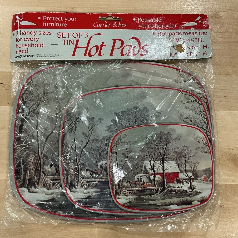 Holidays‎ Currier and Ives American Winter Farm Scene Set Of 3 Tin Hot Pads NEW
